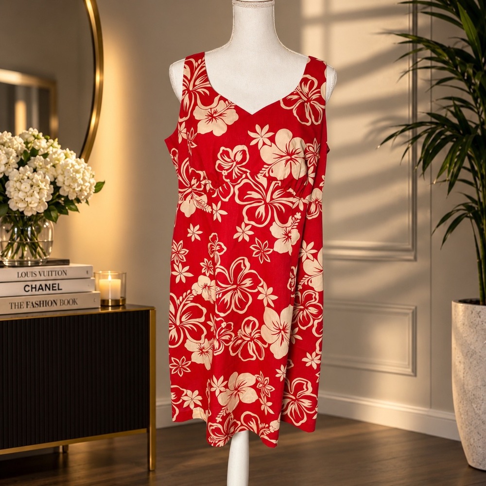 Hilo Hattie Hawaiian Dress Womens M Red Hibiscus Floral V Neck Resort Luau Aloha